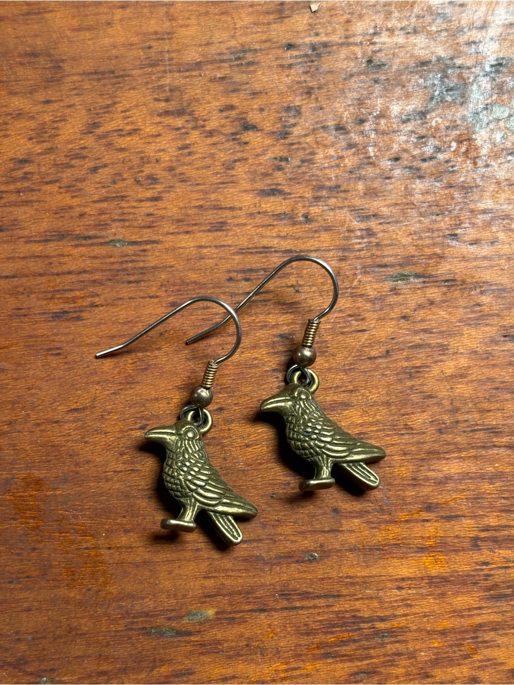 Vintage Bronze Raven Bird Charm Earrings